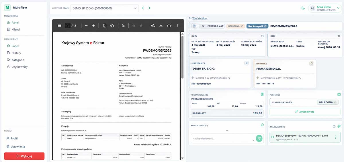 Widok faktury KSeF w panelu Multiflow